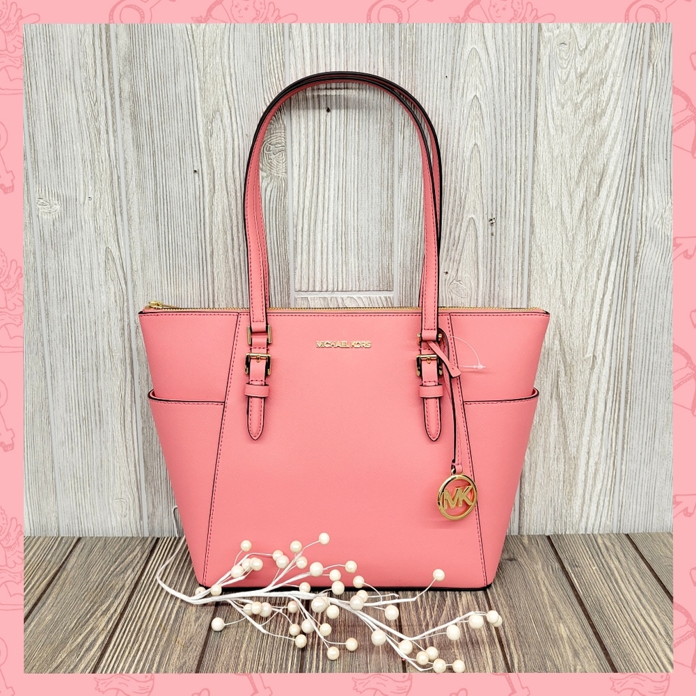 NWT Michael Kors Charlotte Large Shoulder Leather Tote In Tea Rose - Picture 2 of 14